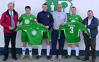 Claremorris AFC Junior Team been presented with the 2007 Official kit. LTR: Richard Finn, Paul Maloney, Niall Kitching, Andy Woodhouse, Jimmy Michel, Sean O'Mahoney.